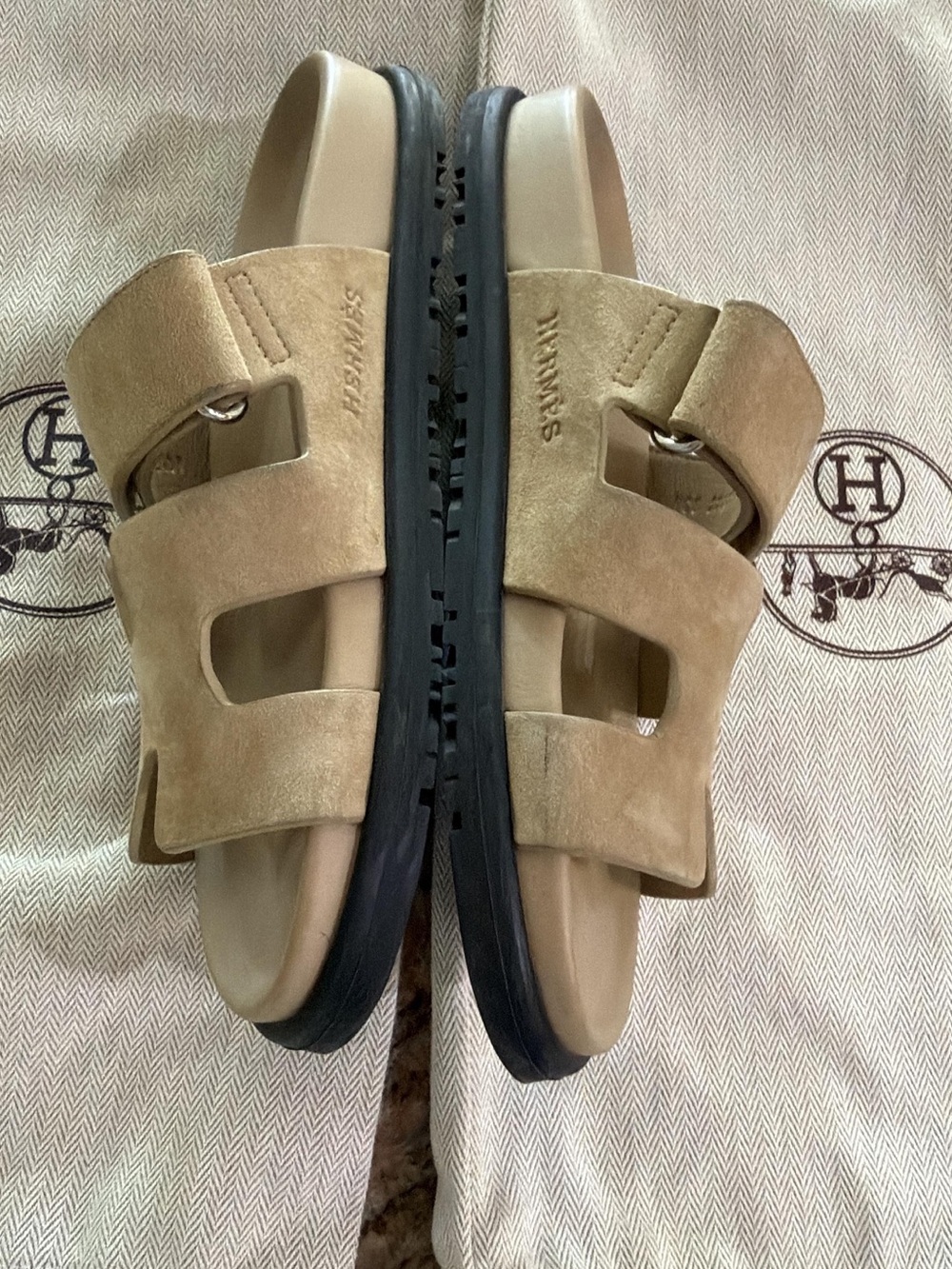 Hermes Tan Suede Double-Strap Slide Sandals